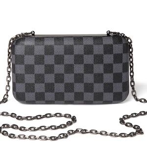 BLACK colored cream  Checkered  RFID BLOCKING Clutch with Chain Strap *NEW*